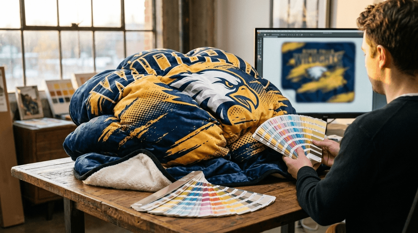 Designer comparing Pantone swatch fans against a finished eagle-mascot blanket next to the design screen