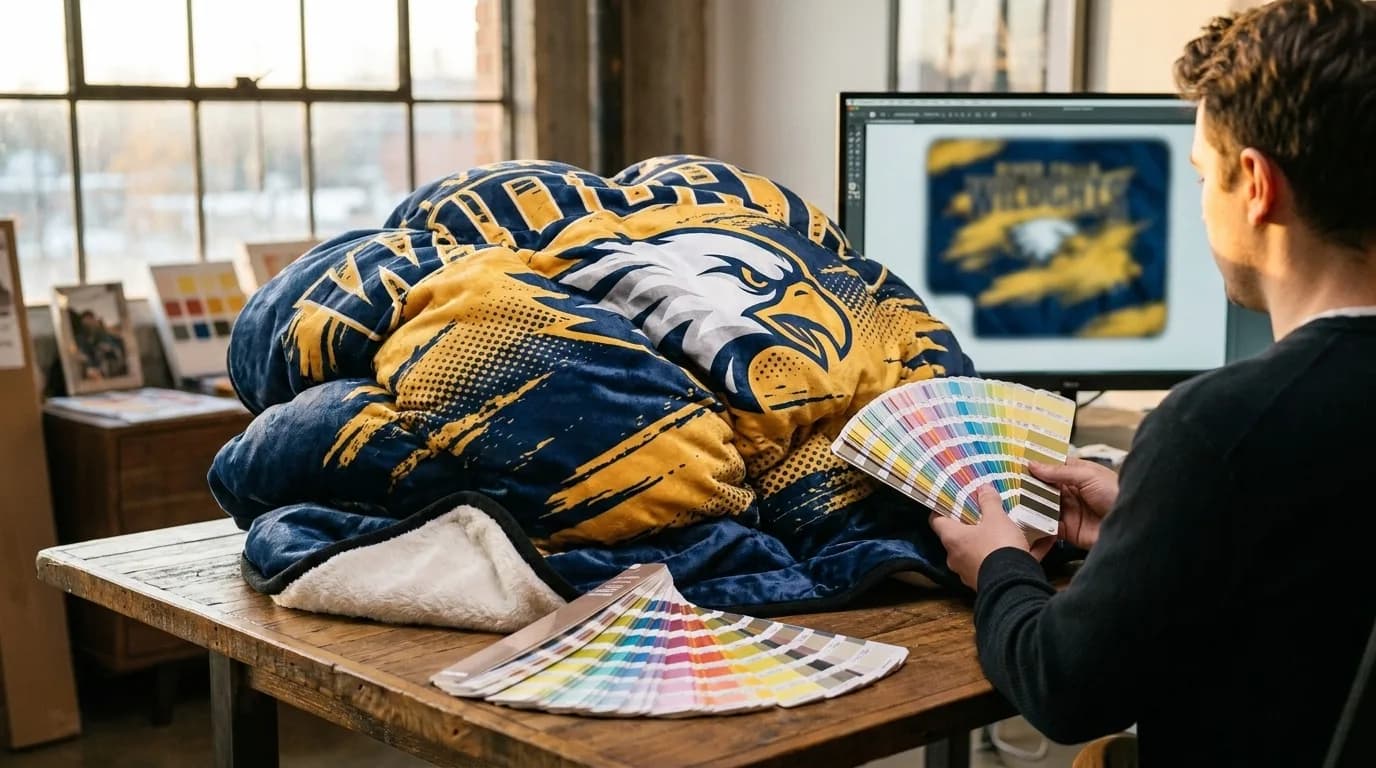 Designer comparing Pantone swatch fans against a finished eagle-mascot blanket next to the design screen