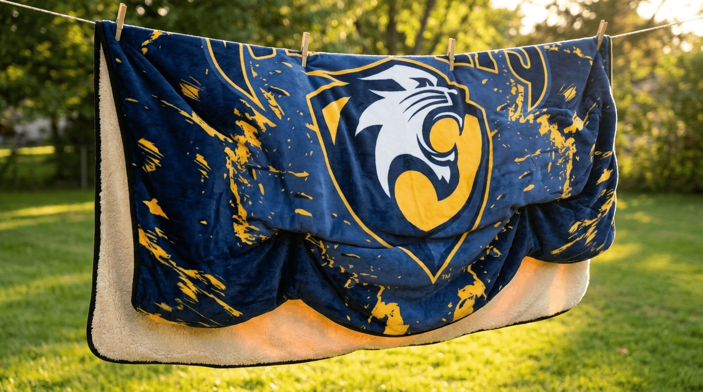 Full-bleed printed blanket in school colors drying on a clothesline in direct sunlight