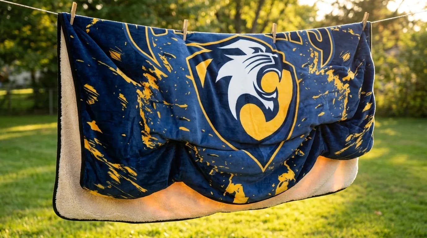 Full-bleed printed blanket in school colors drying on a clothesline in direct sunlight