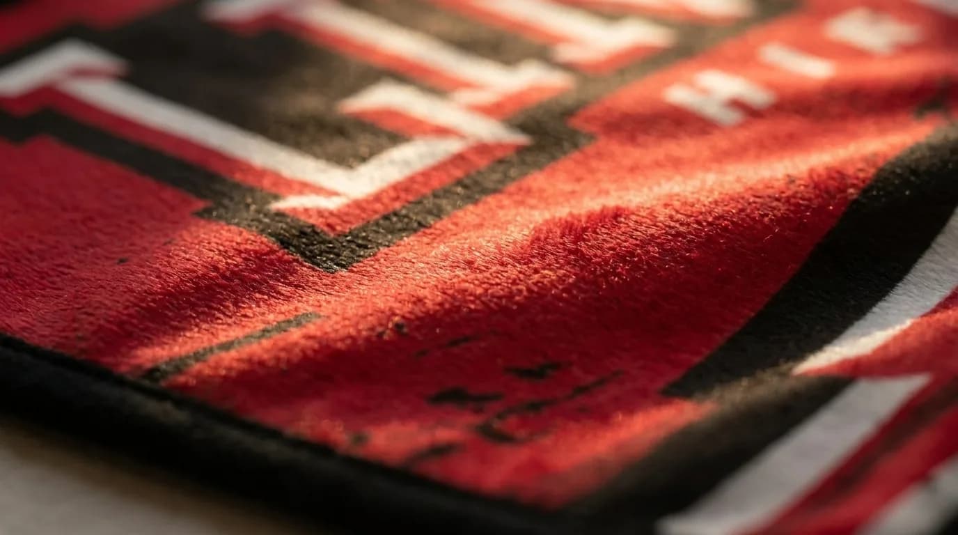 Macro shot under raking light showing dye-sublimated team lettering sitting inside the plush fiber pile