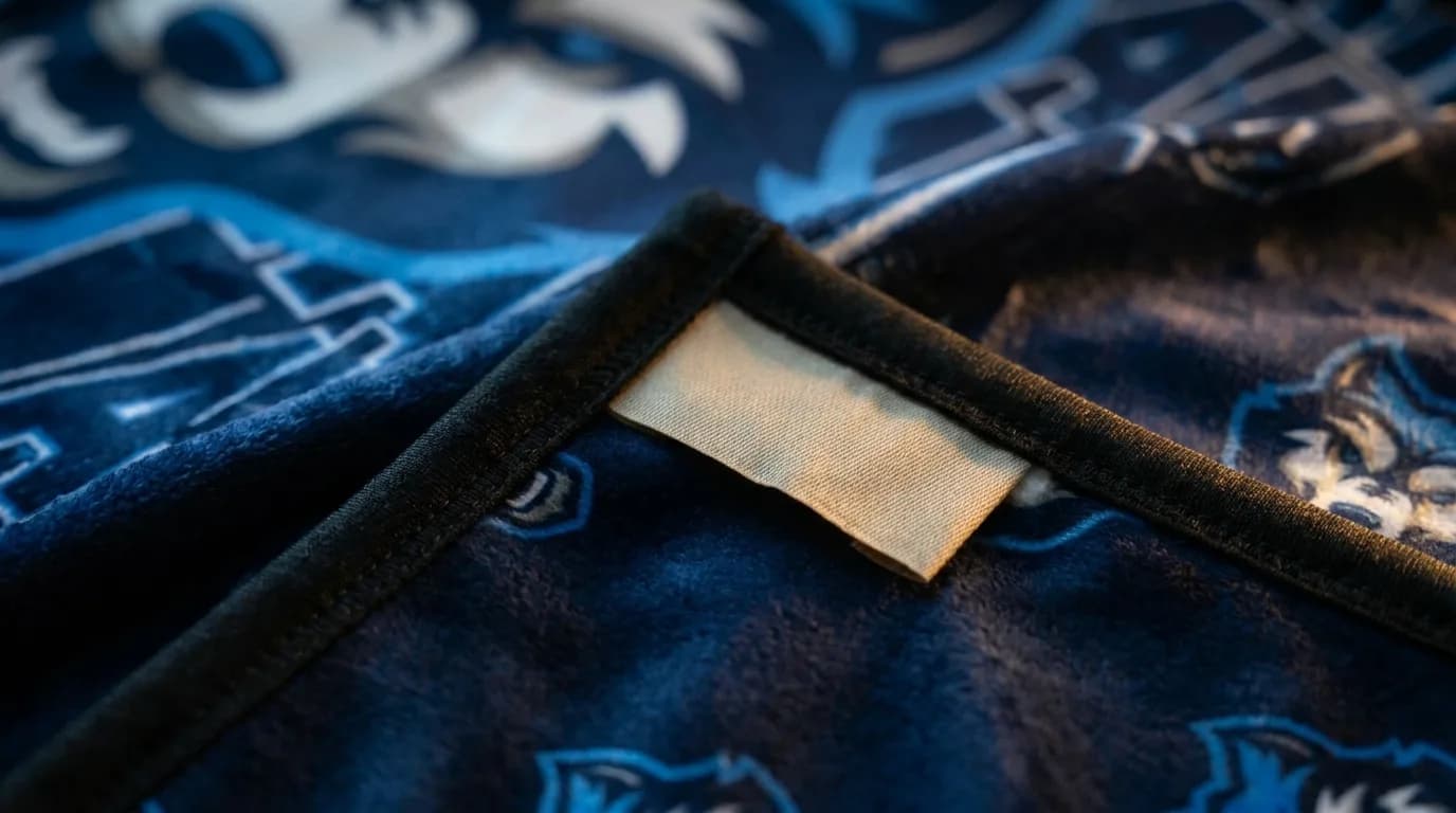 Close-up of a navy printed blanket's stitched binding and care tag, with the print running to the very edge